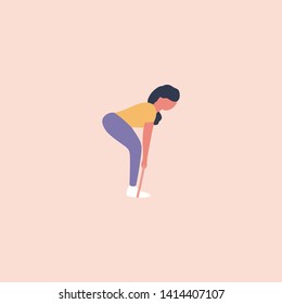 Illustration of young woman doing different exercises with resistance band isolated on a light background. Colorful flat vector illustration.