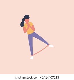 Illustration of young woman doing different exercises with resistance band isolated on a light background. Colorful flat vector illustration.