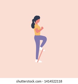 Illustration of young woman doing different exercises with resistance band isolated on a light background. Colorful flat vector illustration.