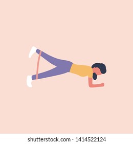 Illustration of young woman doing different exercises with resistance band isolated on a light background. Colorful flat vector illustration.