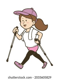 Illustration of a young woman doing Nordic walking. Vector illustration on white background.