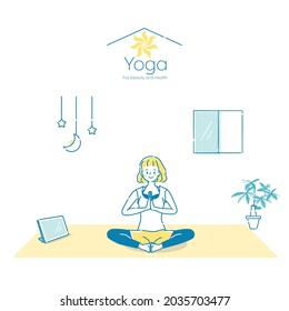 Illustration of a young woman doing yoga while looking at a tablet at home