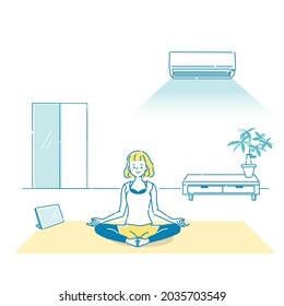 Illustration of a young woman doing yoga while looking at a tablet at home