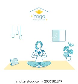 Illustration of a young woman doing yoga while looking at a tablet at home