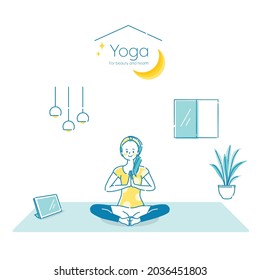 Illustration of a young woman doing yoga while looking at a tablet at home