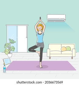 Illustration of a young woman doing yoga while looking at a tablet at home