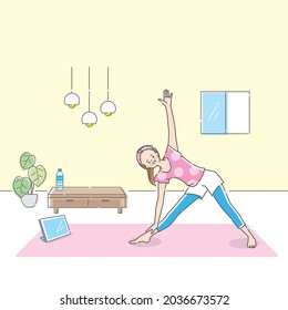 Illustration of a young woman doing yoga while looking at a tablet at home