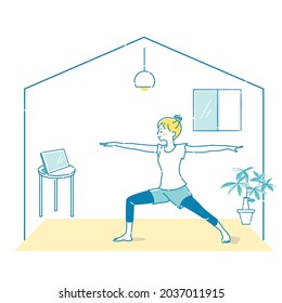 Illustration of a young woman doing yoga while looking at a tablet at home