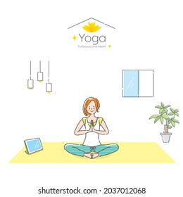 Illustration of a young woman doing yoga while looking at a tablet at home