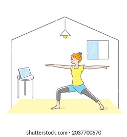 Illustration of a young woman doing yoga while looking at a tablet at home