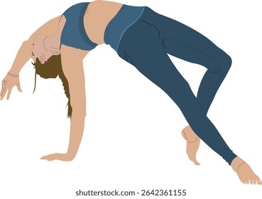 Ilustração de uma jovem mulher fazendo uma dobra de ioga posar em roupas esportivas, mostrando força, equilíbrio e flexibilidade. Perfeito para temas de fitness, bem-estar e estilo de vida saudável.