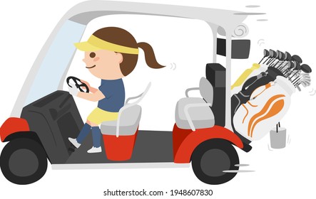 Illustration of a young woman driving a golf cart on a golf course.