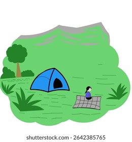 Ilustração de uma jovem mulher desfrutando de férias de verão enquanto está sentada em um tapete em um gramado verde com árvores e armando uma tenda.