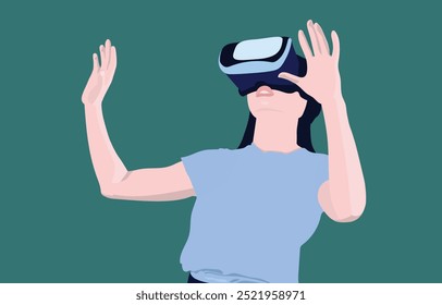 Illustration of a young woman enjoying virtual reality and holding VR controllers, and diving into a futuristic world of imagination and gaming.