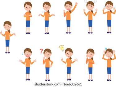 Illustration of a young woman facial expression set