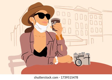 Illustration of a young woman in facial mask sitting on the cafe terrace alone. Concept of social distancing and new social rules after coronavirus pandemic