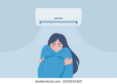 Jovem mulher sentindo frio sob ar condicionado, envolta em cobertor. jovem mulher sentindo frio enquanto senta sob um ar condicionado.
