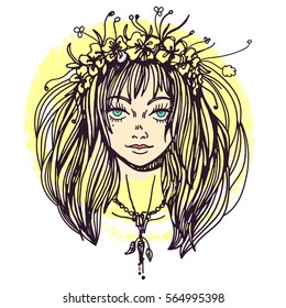 Illustration of a young woman in flower crown wearing amulet for wicca summer solstice celebration. Line art drawing for print.
