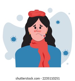 illustration of young woman with flu with thermometer in her mouth, concept of flu or sore throat.