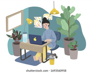 illustration of young woman freelancer or officer character enjoy working from home in the room. employed person work at home in corona virus(COVID-19) spreading situation. flat vector illustration.