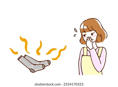 Illustration of a young woman frowning at the smell of smelly socks.