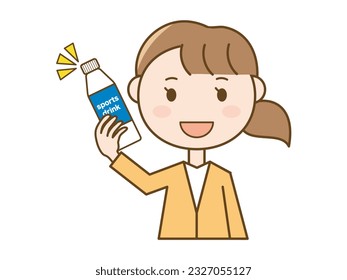 Illustration of a young woman giving a sports drink to prevent heat stroke_wearing a cardigan