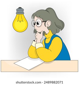 An illustration of a young woman with glasses, thoughtfully looking at a piece of paper while a light bulb glows above her head, symbolizing a creative idea.