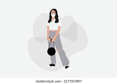 Illustration Of Young Woman, Going To College, Modern Minimalist Style.