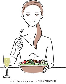 Illustration of a young woman. A healthy woman eating a lot of vegetable salad in a bowl.