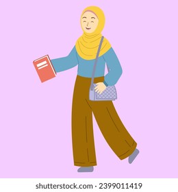 An illustration of a young woman in hijab with books and sling bag. Modern Muslim student. Single person. Isolated on white. Hand drawn flat illustration vector.