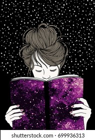 Illustration of a young woman holding a book, with black background and tiny stars