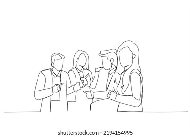 Illustration of young woman holding cup of coffee and looking at camera while her colleagues discussing something in the background. One continuous line art style
