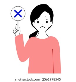 Illustration of a young woman holding an incorrect tag.