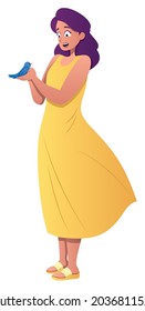 Illustration of young woman holding little blue bird in her hands, on white background.
