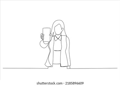 Illustration of young woman holding smartphone, showing gadget to camera. One line art style

