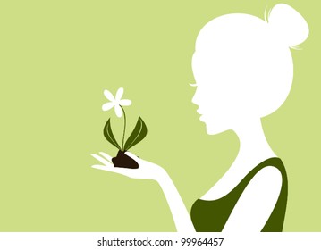 Illustration of a young woman holding soil and a flower in her hand.