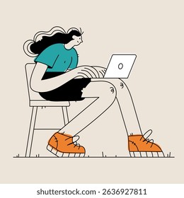 Illustration of a young woman with a laptop. She is sitting on a chair. The illustration has a modern style and uses simple geometric shapes.