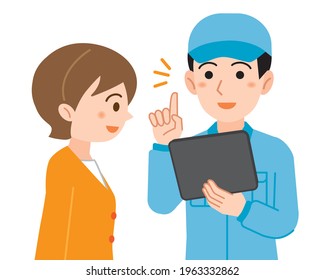 Illustration of a young woman listening to an explanation from a worker holding a tablet PC