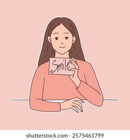 Illustration of a young woman with long brown hair, holding a note with the word "Smile" written on it, set against a pastel pink background. Promotes positivity and happiness