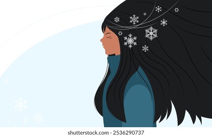 Illustration of a young woman with long hair and snowflakes wreath. Winter design for card, banner, sale, social media, avatar, scrapbooking. 