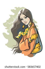 Illustration of young woman with long hair and handbag