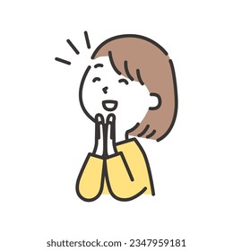 Illustration of a young woman looking up at an angle and clasping her hands together in delight