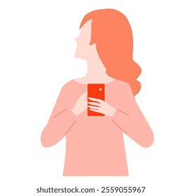 Illustration of a young woman looking back while holding a cell phone.