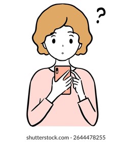 Ilustração de uma jovem mulher olhando para seu smartphone e se perguntando