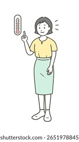 Illustration of a young woman looking at a thermometer and controlling the temperature in her room