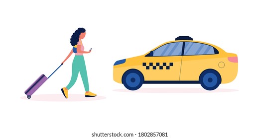 Illustration of young woman with luggage who called a taxi. Colorful flat vector illustration.