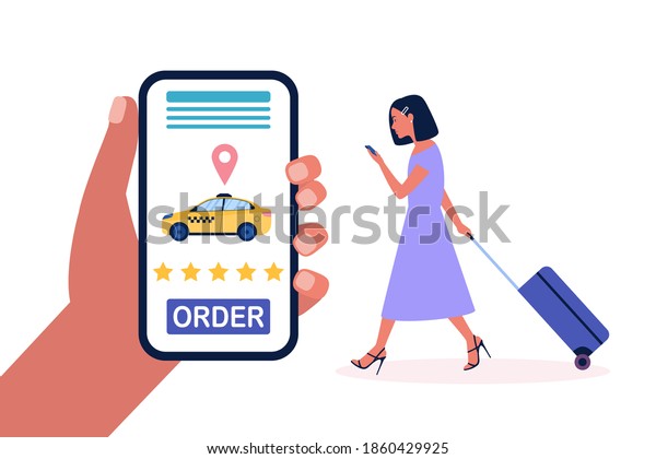 Illustration of young woman with luggage\
who called a taxi. Colorful flat vector\
illustration.