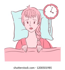 Illustration of young woman lying in a bed. She experienced insomnia and sleep disorders.