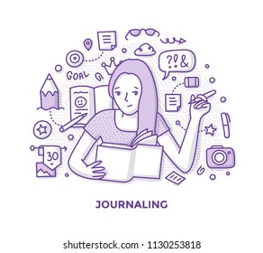 Illustration Of Young Woman, Making Notes In Journal, Writing Her Diary Capturing Memories Of Life. Hand Writing And Journaling Doodle Concept.