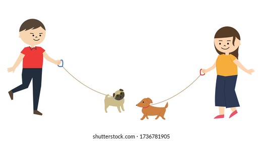 Illustration of young woman and man walking the dog. Two cute dogs 
 getting to know and greeting each other.